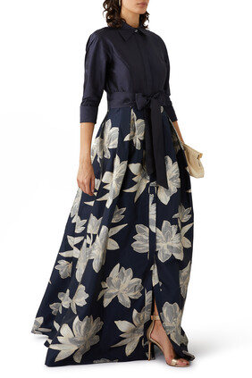 فستان سهرة جاكار بنمط قميص وتنورة بطبعة زهور